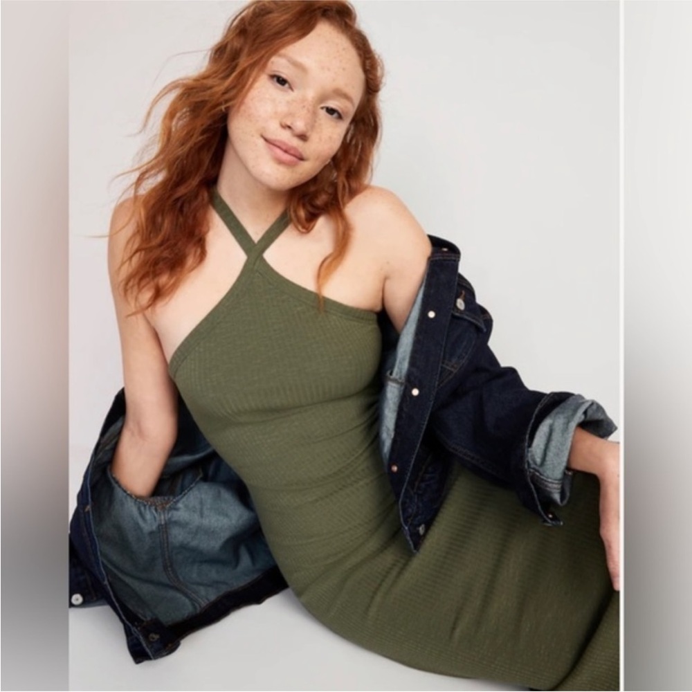 Fitted Rib-Knit Halter Midi Dress